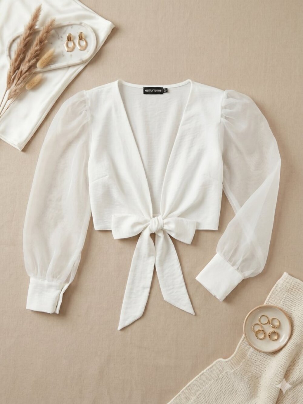 PrettyLittleThing White Sheer Puff Sleeve Tie-Front Crop Blouse